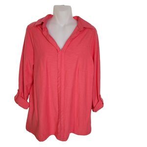 NTCO Nomadic Traders Women Top Small Pink Red Long Roll Tab Sleeve Casual V Neck